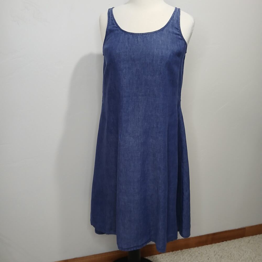 Eileen Fisher Linen Dress Size Small Blue Sleeveless Strappy Tie Waist Fit Flare - Picture 16 of 16